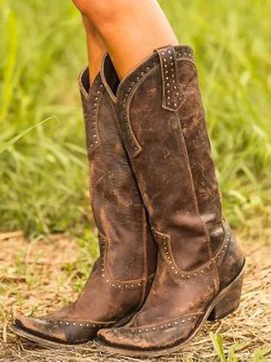 STUDDED KNEE-HIGH COWBOY BOOTS FOR WOMEN