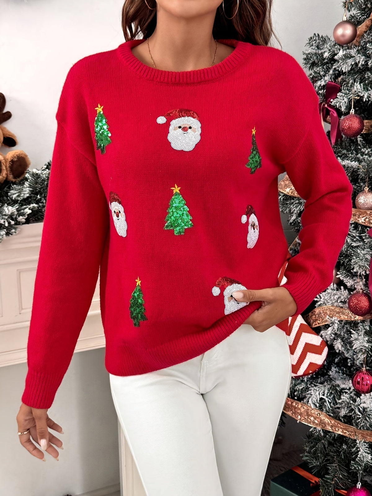 RED CREW NECK CHRISTMAS SWEATER FOR WOMEN