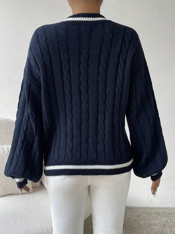 STRIPED V-NECK CABLE KNIT SWEATER FOR WOMEN