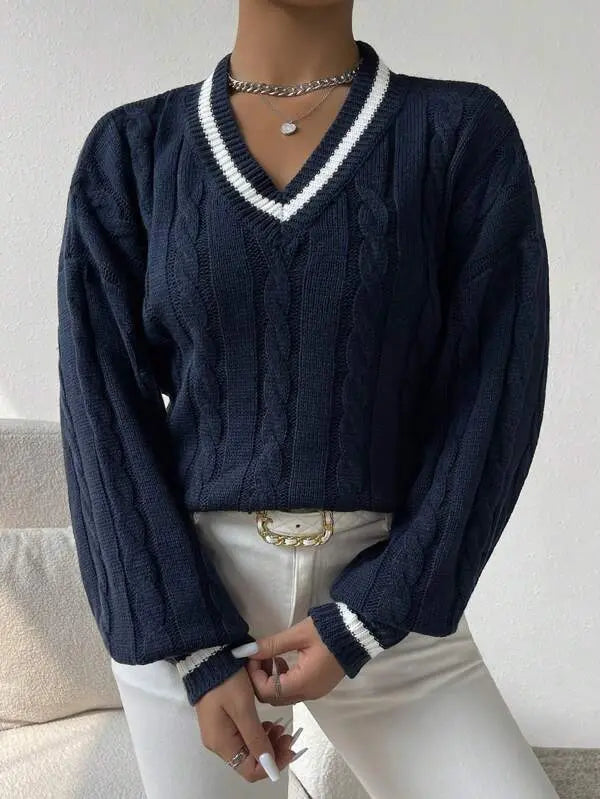 STRIPED V-NECK CABLE KNIT SWEATER FOR WOMEN
