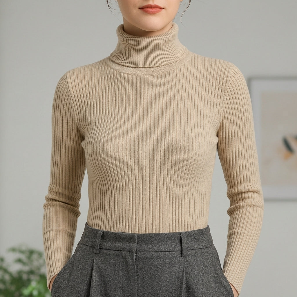 RIBBED TURTLENECK KNIT SWEATER FOR WOMEN