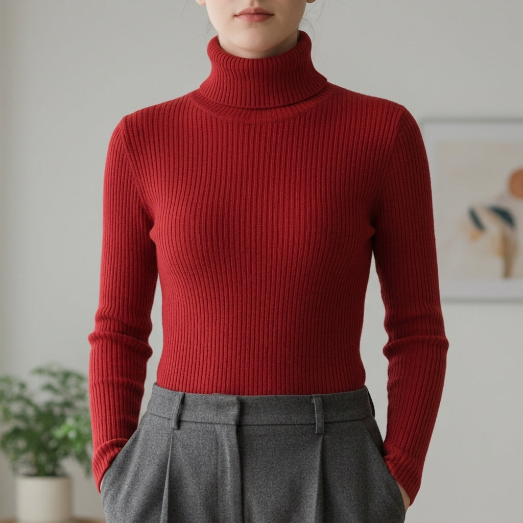 RIBBED TURTLENECK KNIT SWEATER FOR WOMEN