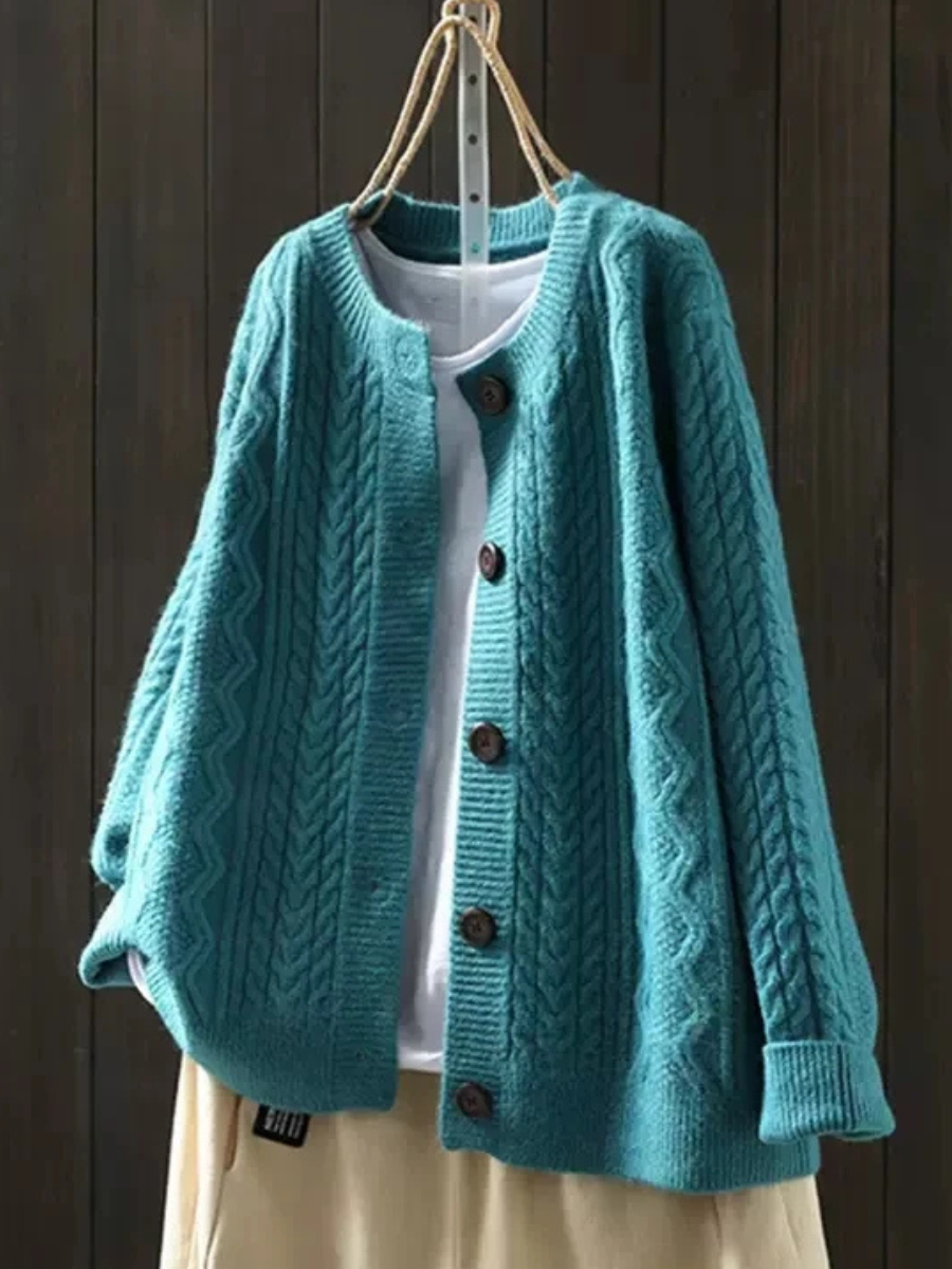 BUTTON-FRONT CABLE KNIT SWEATER FOR WOMEN