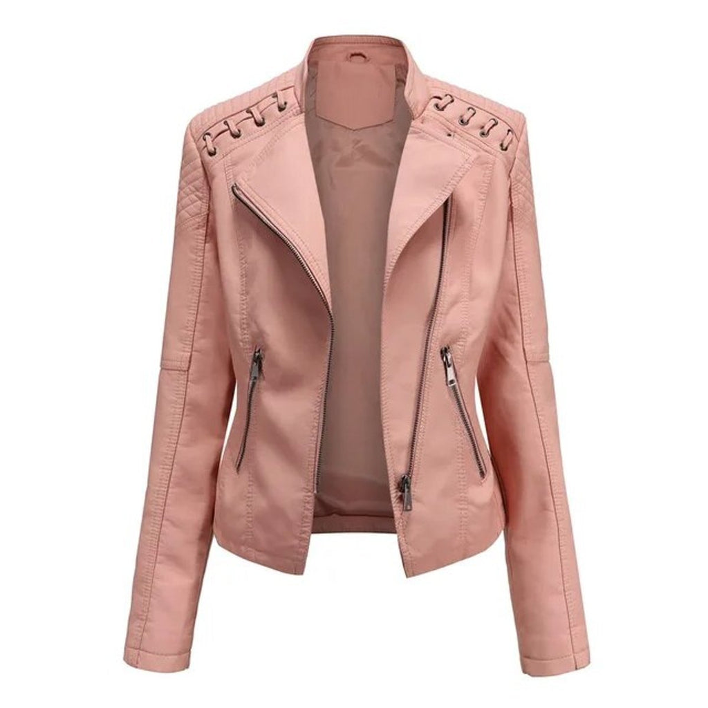 STAND COLLAR FAUX LEATHER JACKET FOR WOMEN