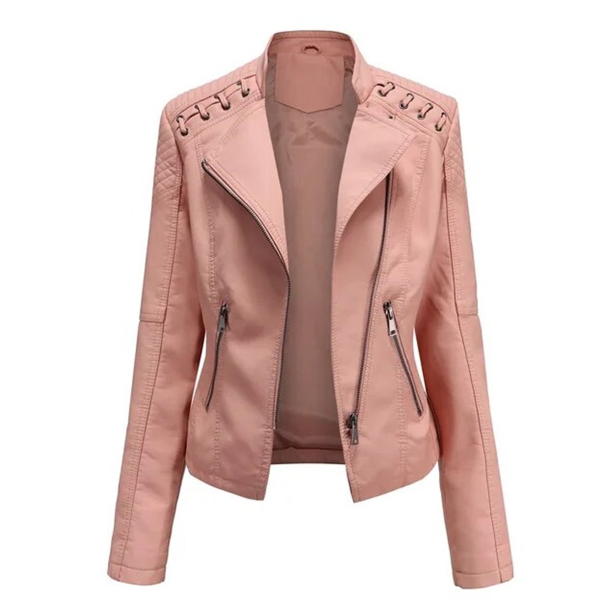 STAND COLLAR FAUX LEATHER JACKET FOR WOMEN