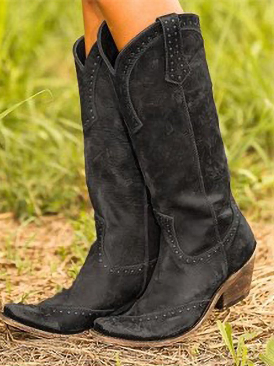 STUDDED KNEE-HIGH COWBOY BOOTS FOR WOMEN