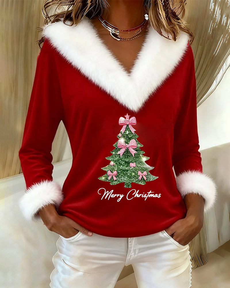 V-NECK TREE PRINT CHRISTMAS SWEATER FOR WOMEN
