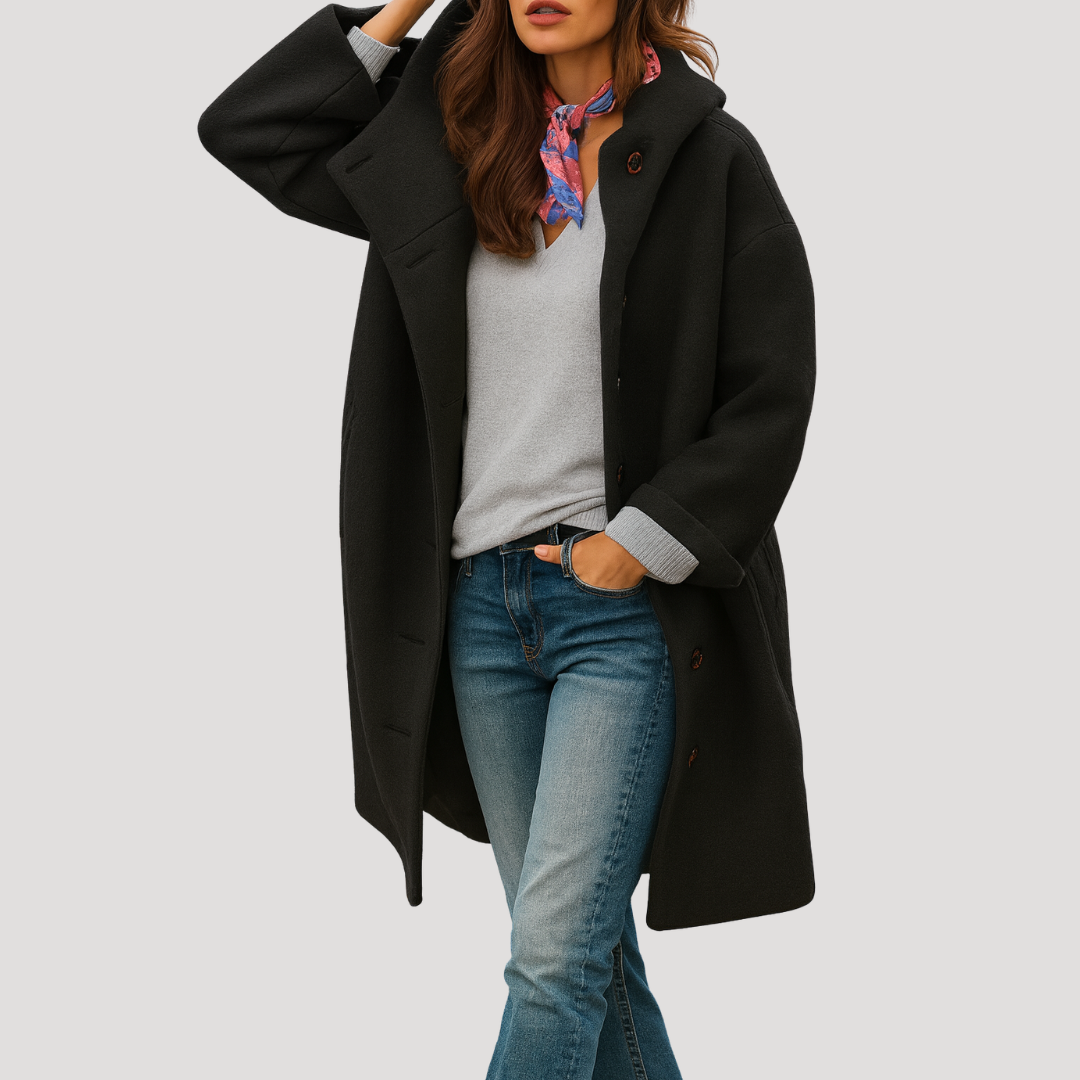 HOODED BUTTON-FRONT COAT FOR WOMEN