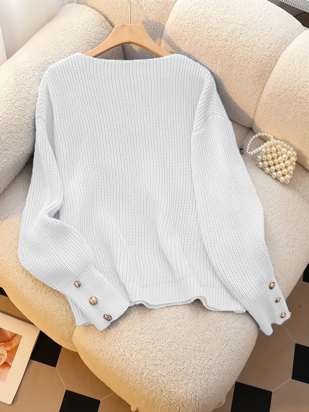 RIBBED V-NECK KNIT SWEATER FOR WOMEN