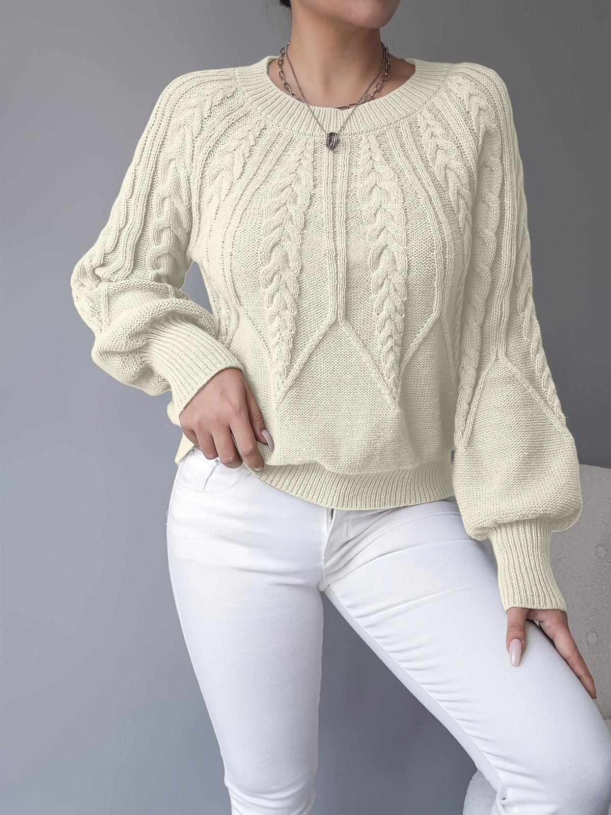 LANTERN SLEEVE CABLE KNIT SWEATER FOR WOMEN