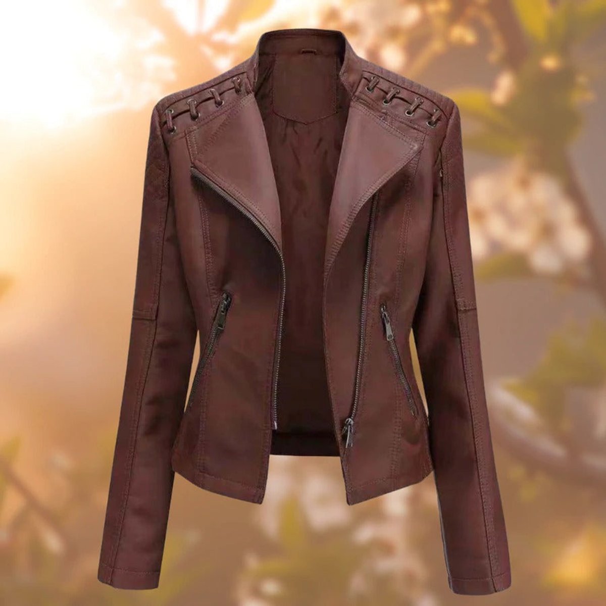 STAND COLLAR FAUX LEATHER JACKET FOR WOMEN