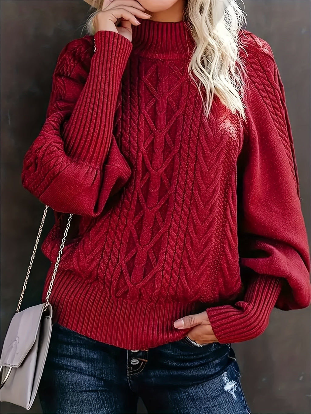 HALF-HIGH COLLAR CABLE KNIT SWEATER FOR WOMEN