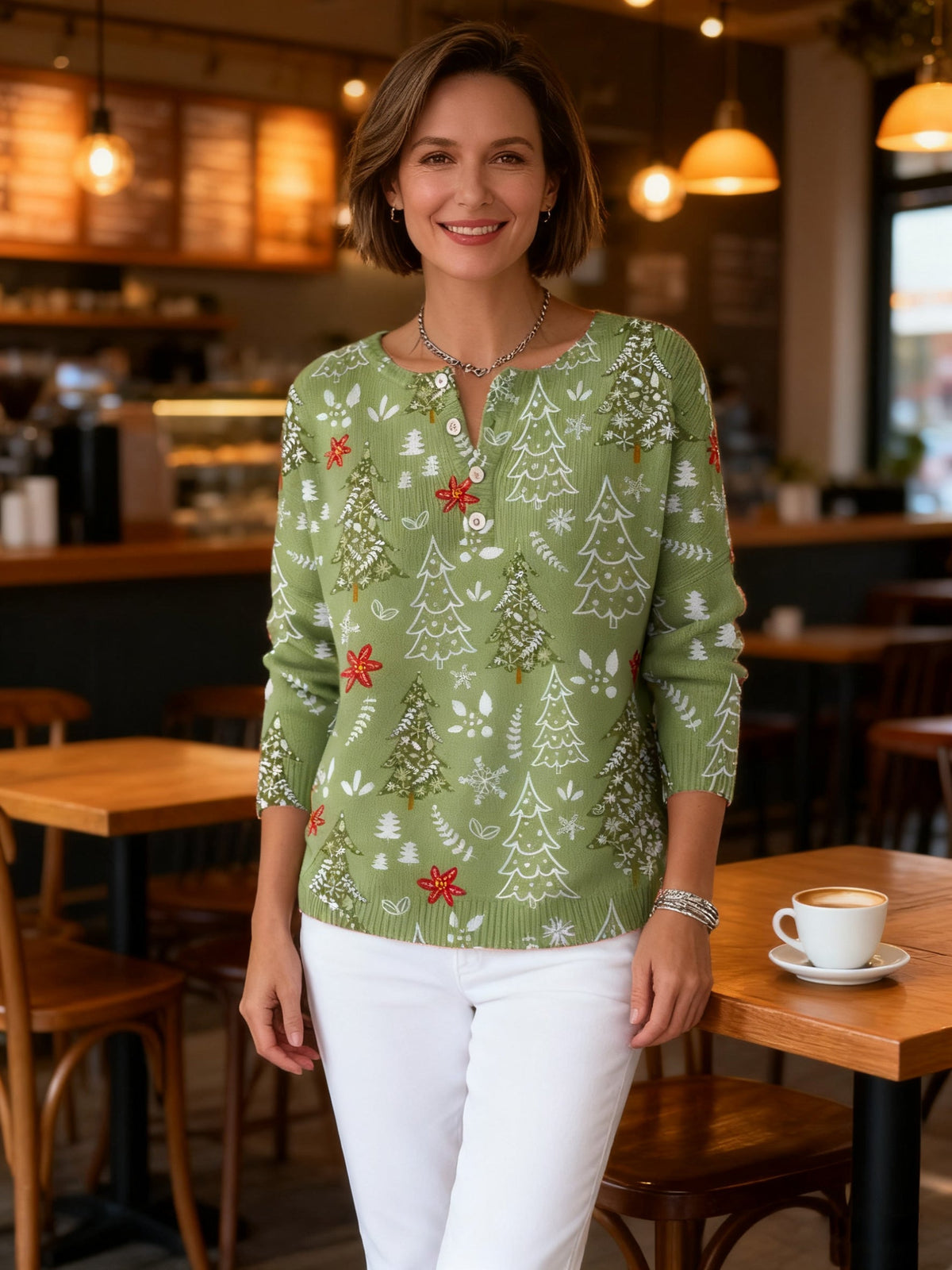 BUTTONED COLLAR CHRISTMAS SWEATER FOR WOMEN