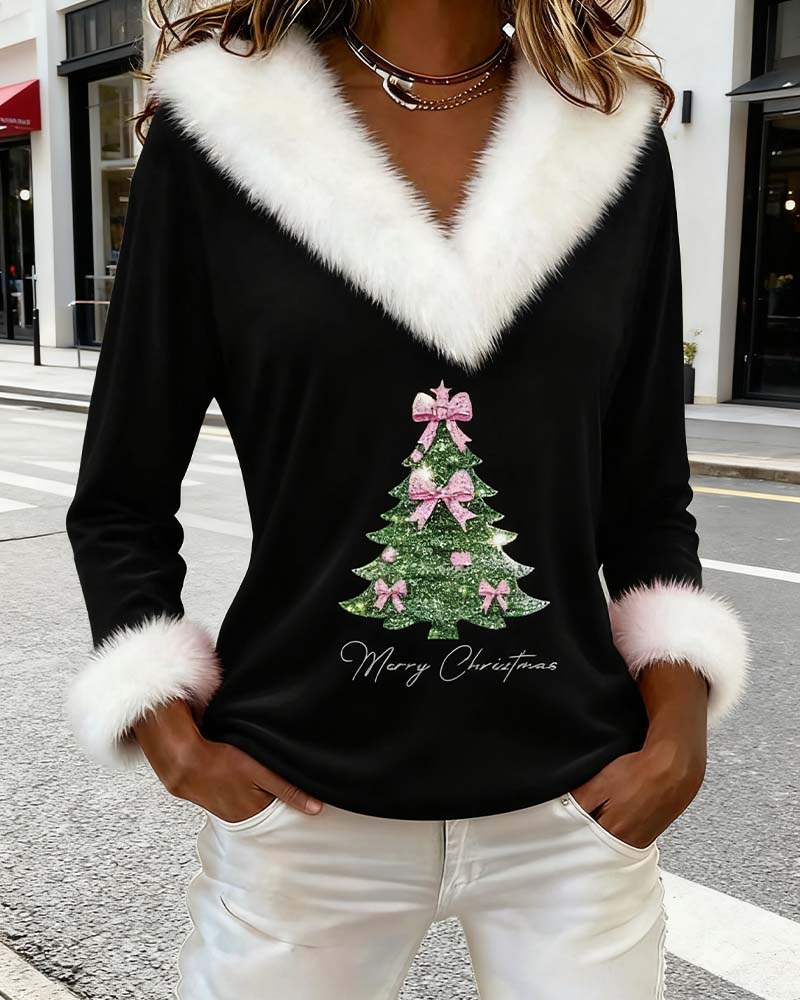 V-NECK TREE PRINT CHRISTMAS SWEATER FOR WOMEN