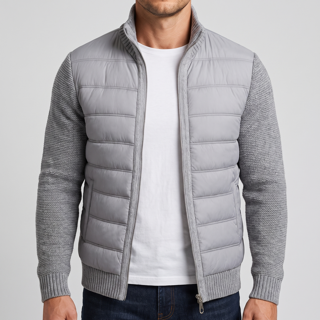 TEXTURED KNIT SLEEVE PUFFER JACKET FOR MEN