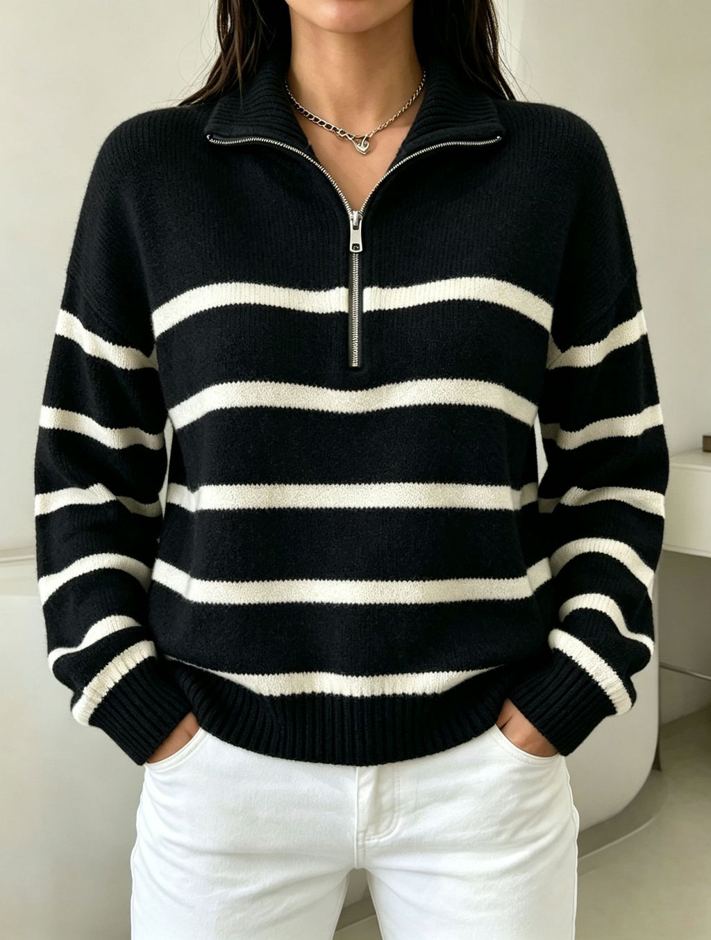 STRIPED HALF-ZIP SWEATER FOR WOMEN