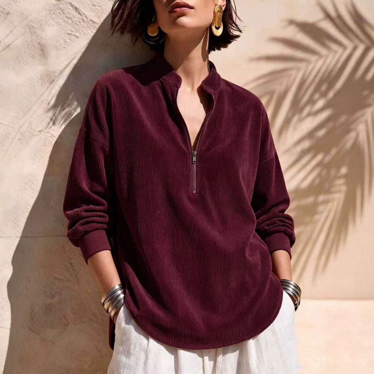 ZIP COLLAR CORDUROY SWEATER FOR WOMEN