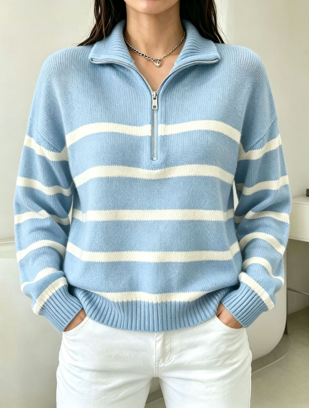 STRIPED HALF-ZIP SWEATER FOR WOMEN