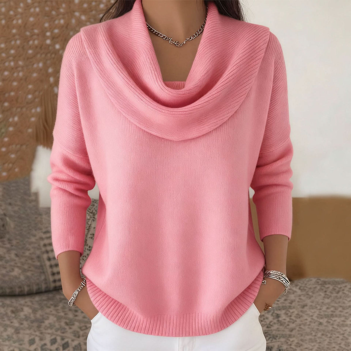 COWL NECK KNIT SWEATER FOR WOMEN