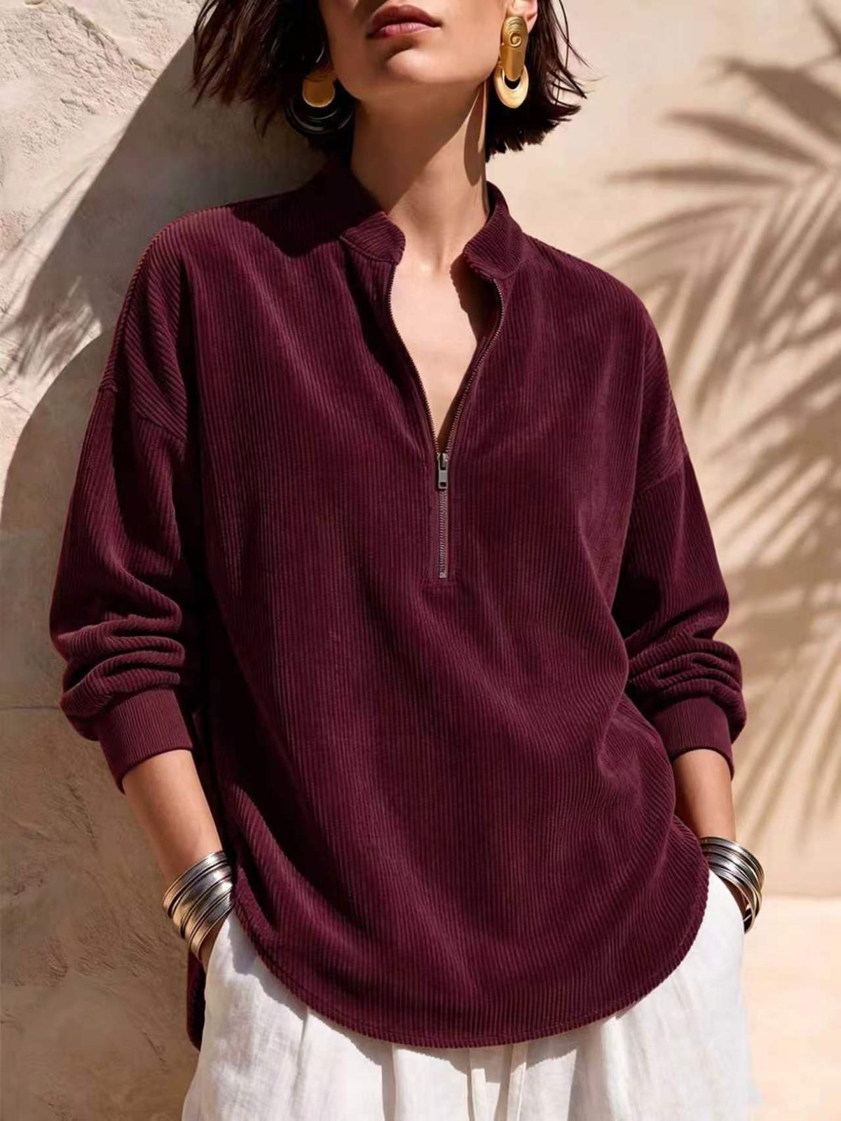ZIP COLLAR CORDUROY SWEATER FOR WOMEN