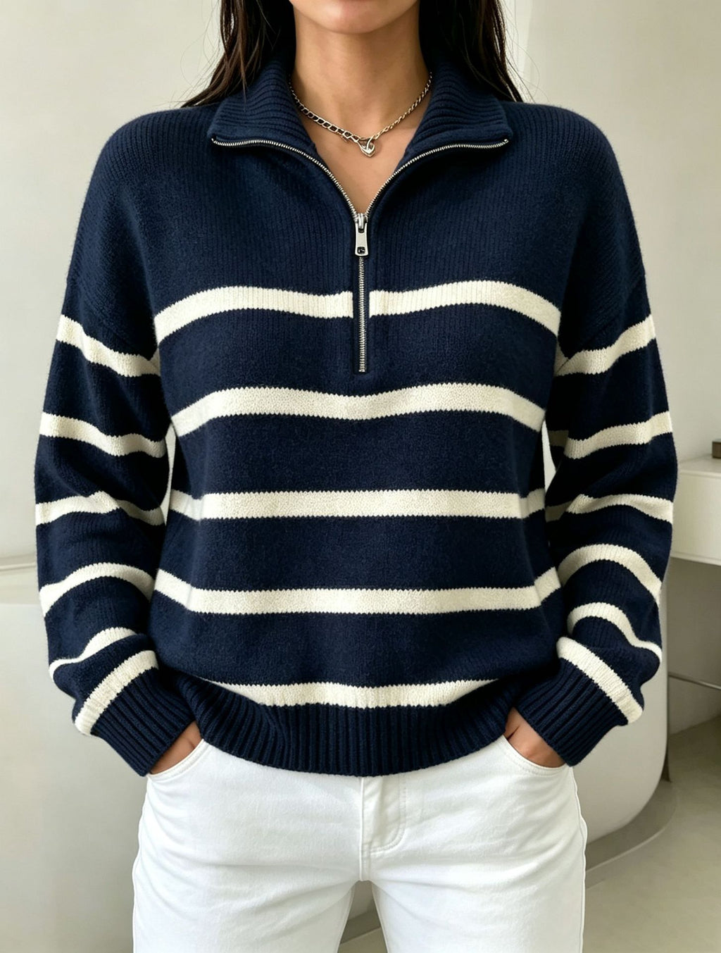 STRIPED HALF-ZIP SWEATER FOR WOMEN