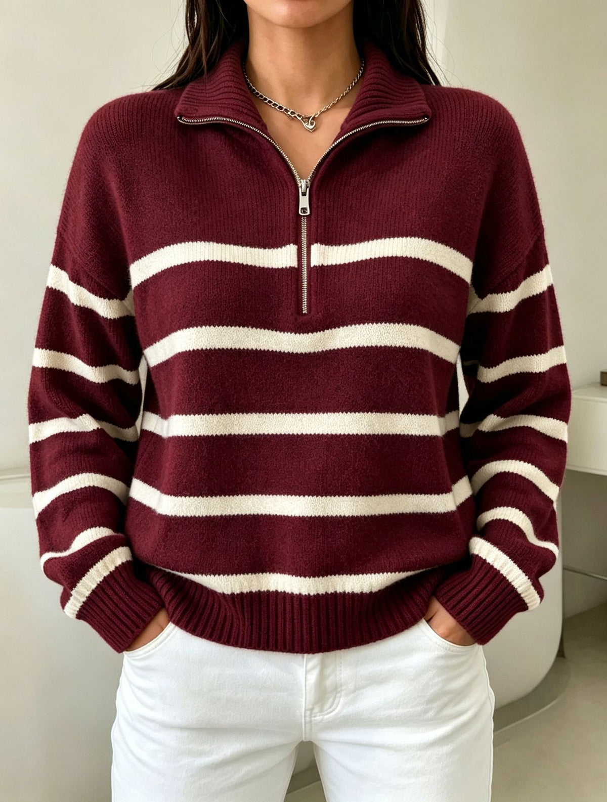 STRIPED HALF-ZIP SWEATER FOR WOMEN