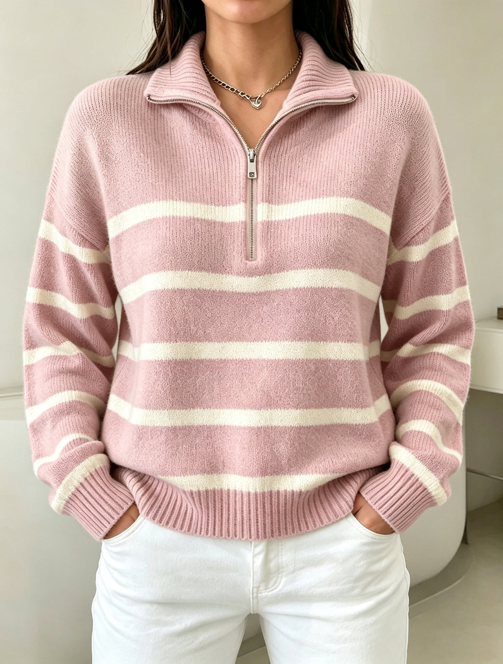 STRIPED HALF-ZIP SWEATER FOR WOMEN