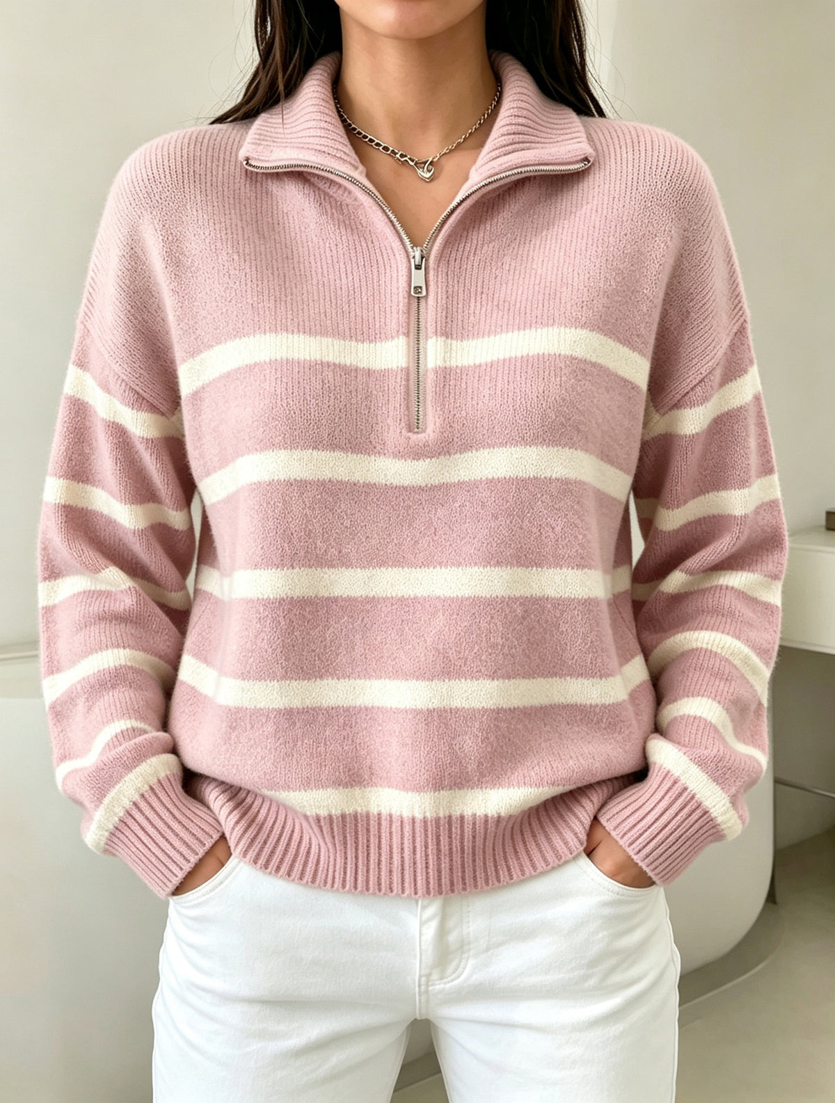 STRIPED HALF-ZIP SWEATER FOR WOMEN