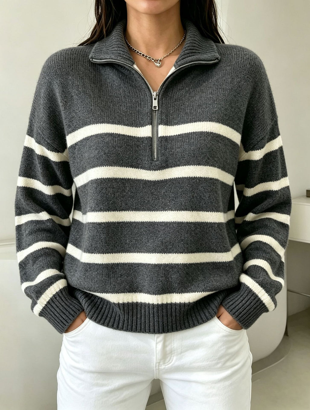 STRIPED HALF-ZIP SWEATER FOR WOMEN