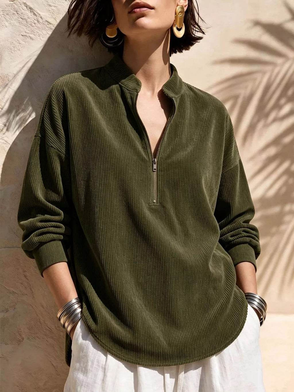 ZIP COLLAR CORDUROY SWEATER FOR WOMEN