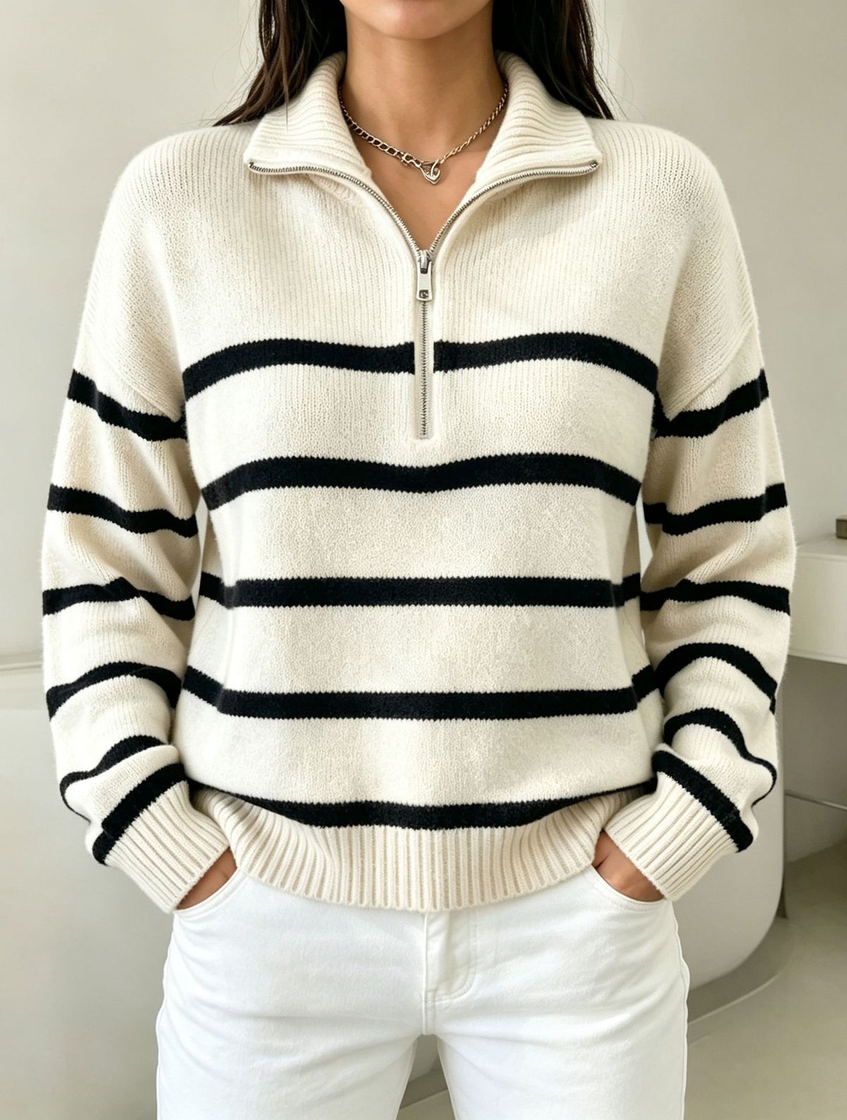 STRIPED HALF-ZIP SWEATER FOR WOMEN