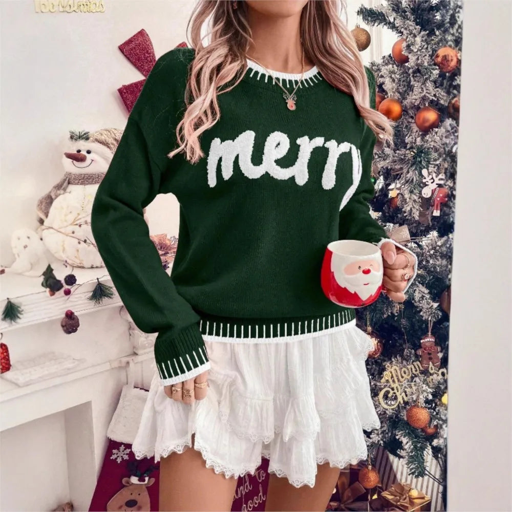 EMBROIDERED CREW NECK CHRISTMAS SWEATER FOR WOMEN