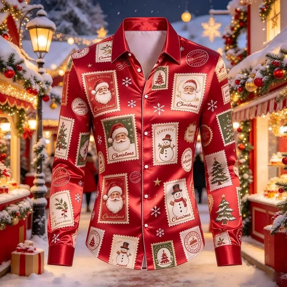 PRINTED SATIN CHRISTMAS BLOUSE FOR MEN
