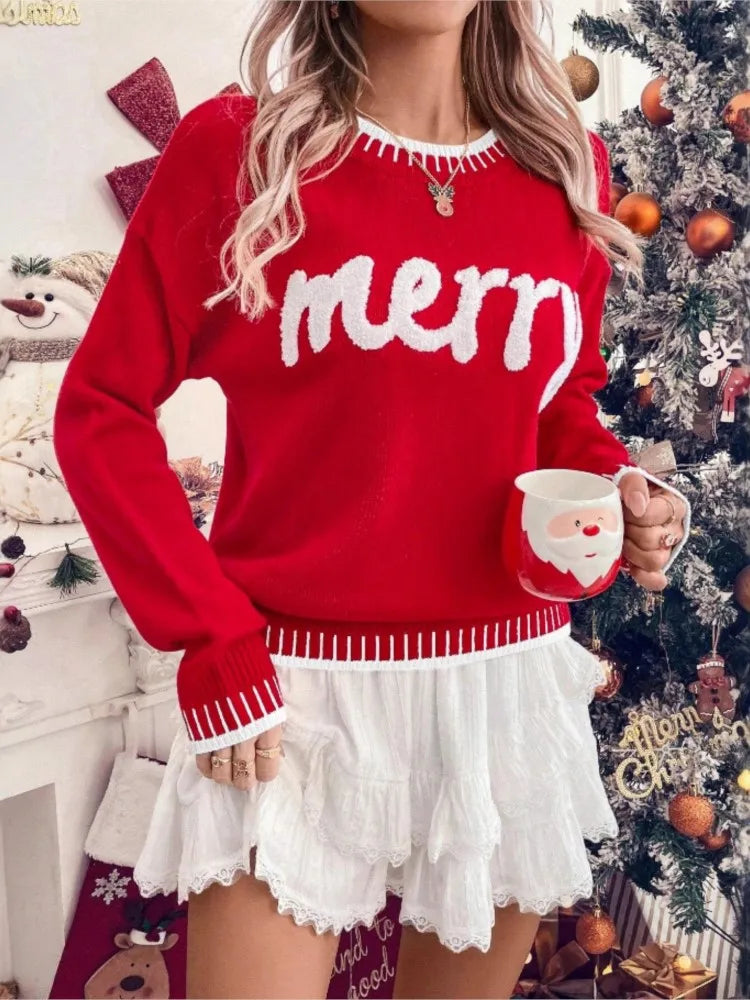 EMBROIDERED CREW NECK CHRISTMAS SWEATER FOR WOMEN