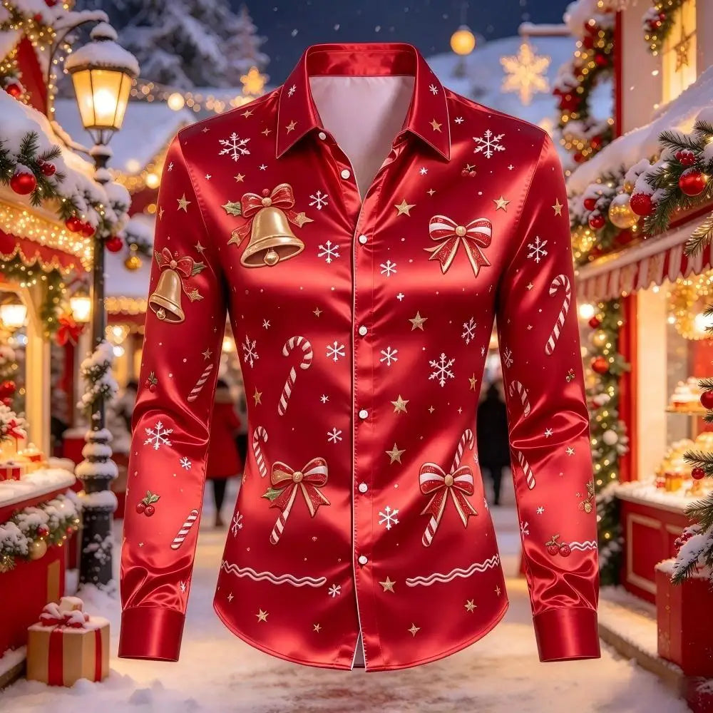 PRINTED SATIN CHRISTMAS BLOUSE FOR MEN