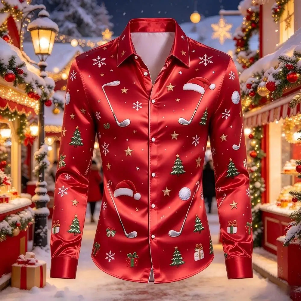 PRINTED SATIN CHRISTMAS BLOUSE FOR MEN