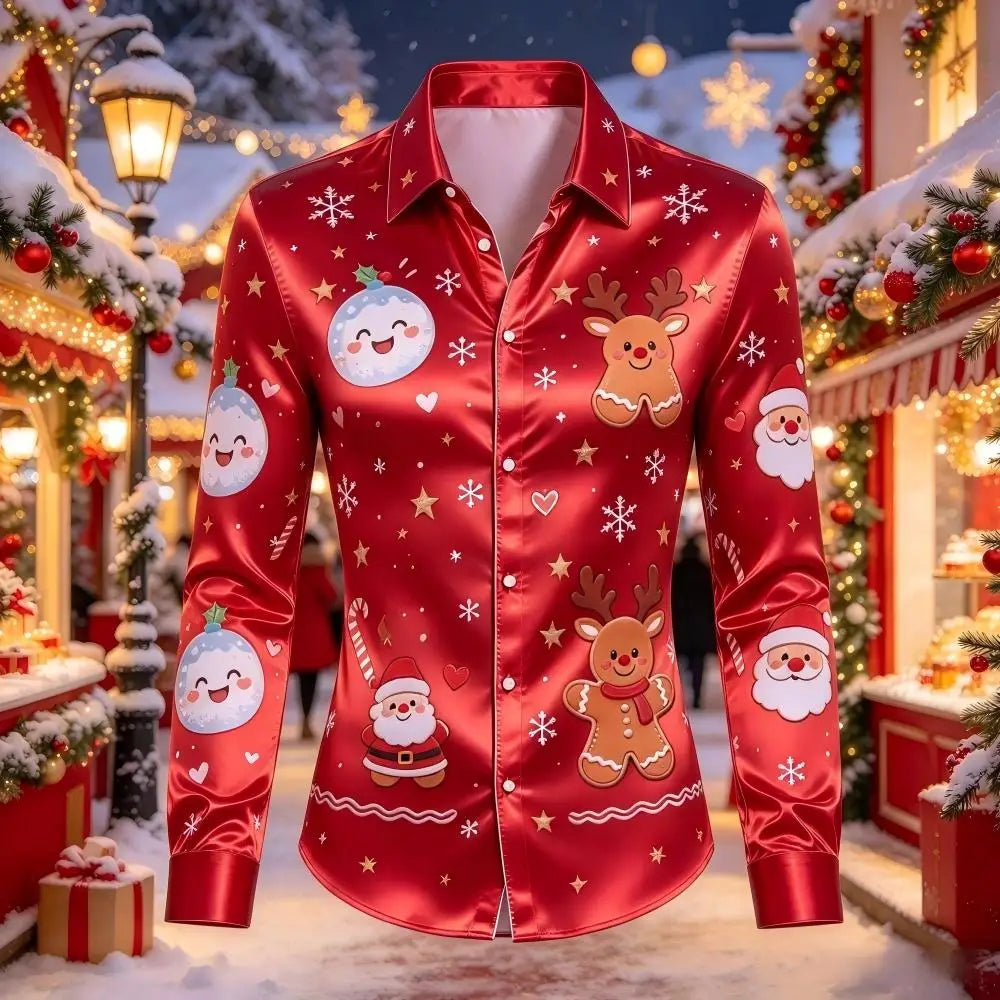 PRINTED SATIN CHRISTMAS BLOUSE FOR MEN