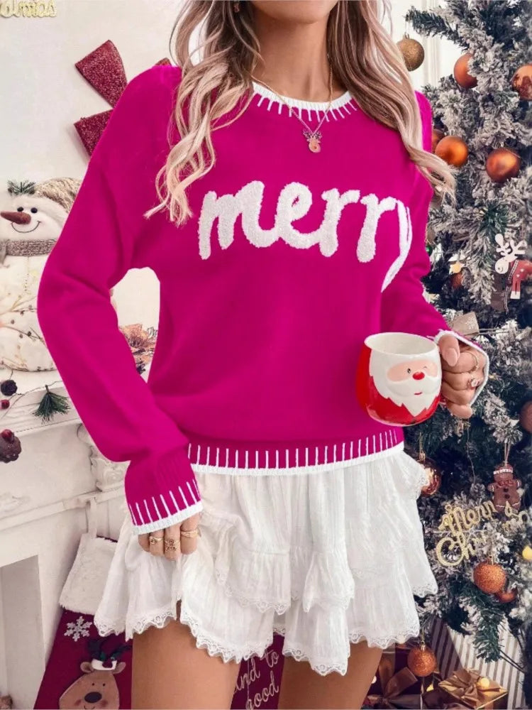 EMBROIDERED CREW NECK CHRISTMAS SWEATER FOR WOMEN