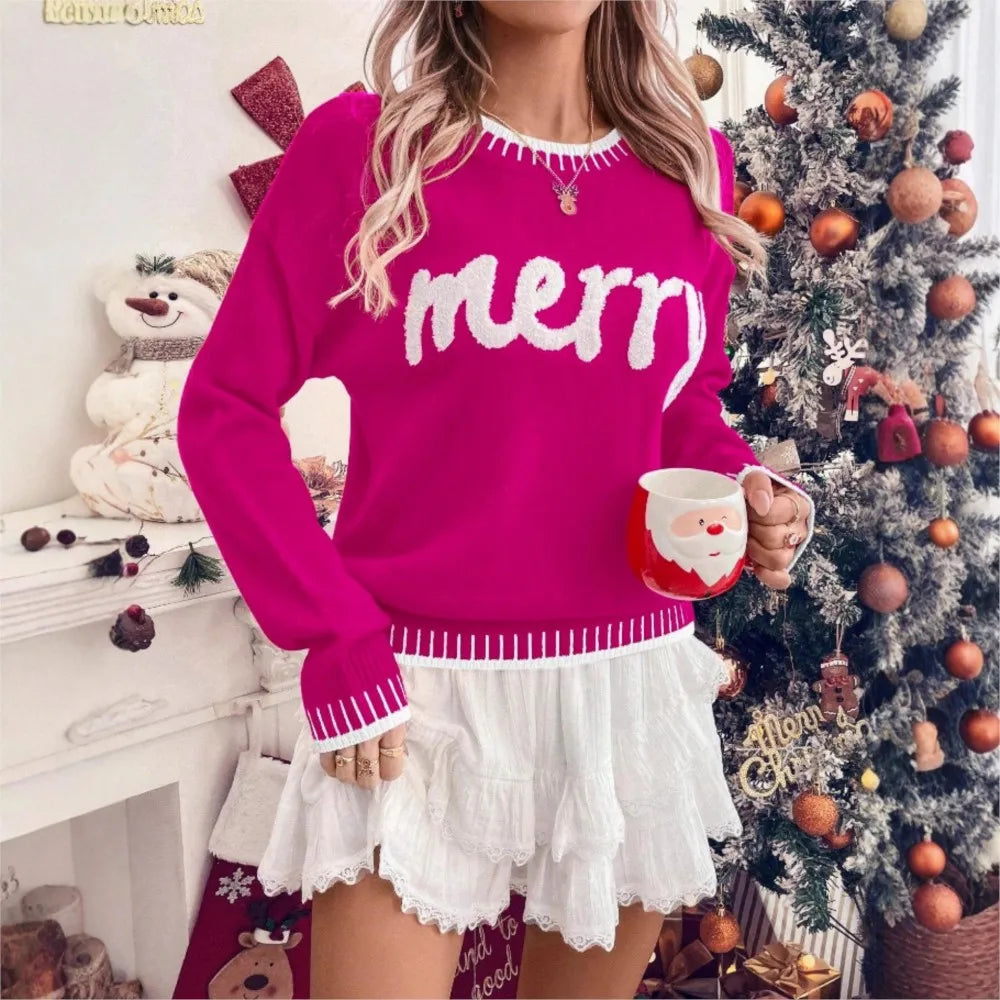 EMBROIDERED CREW NECK CHRISTMAS SWEATER FOR WOMEN