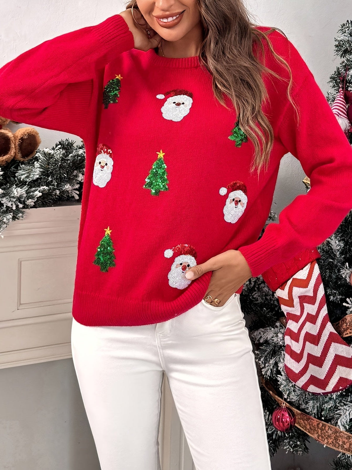 RED CREW NECK CHRISTMAS SWEATER FOR WOMEN