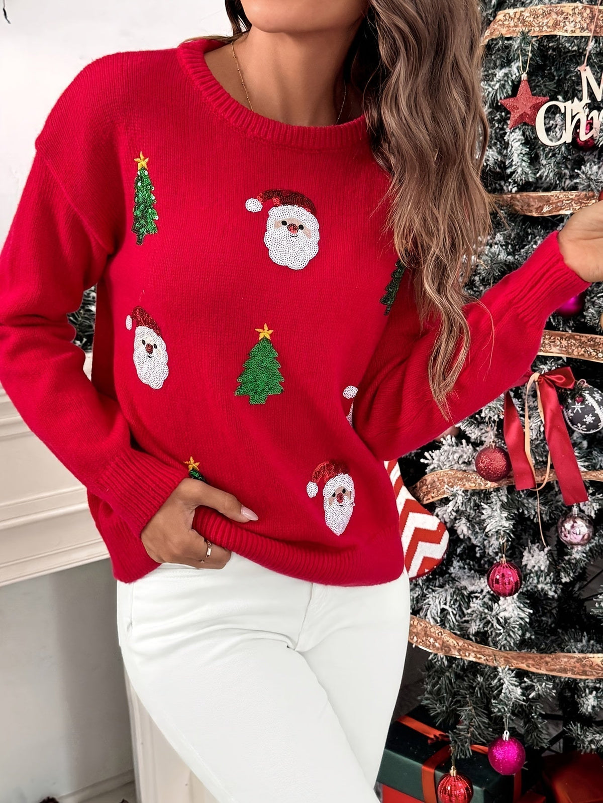 RED CREW NECK CHRISTMAS SWEATER FOR WOMEN