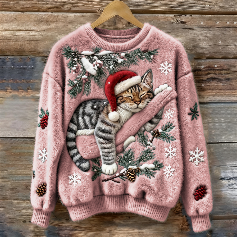 CAT PRINT CHRISTMAS SWEATER FOR WOMEN