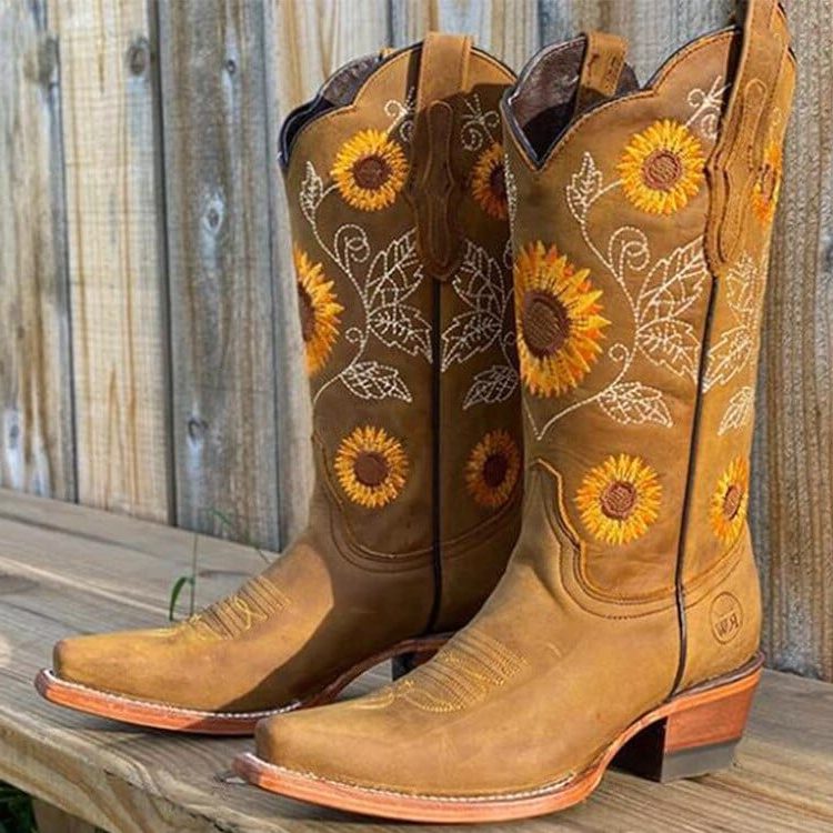 SUNFLOWER EMBROIDERED COWBOY BOOTS FOR WOMEN