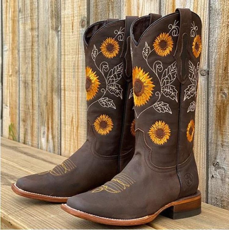 SUNFLOWER EMBROIDERED COWBOY BOOTS FOR WOMEN