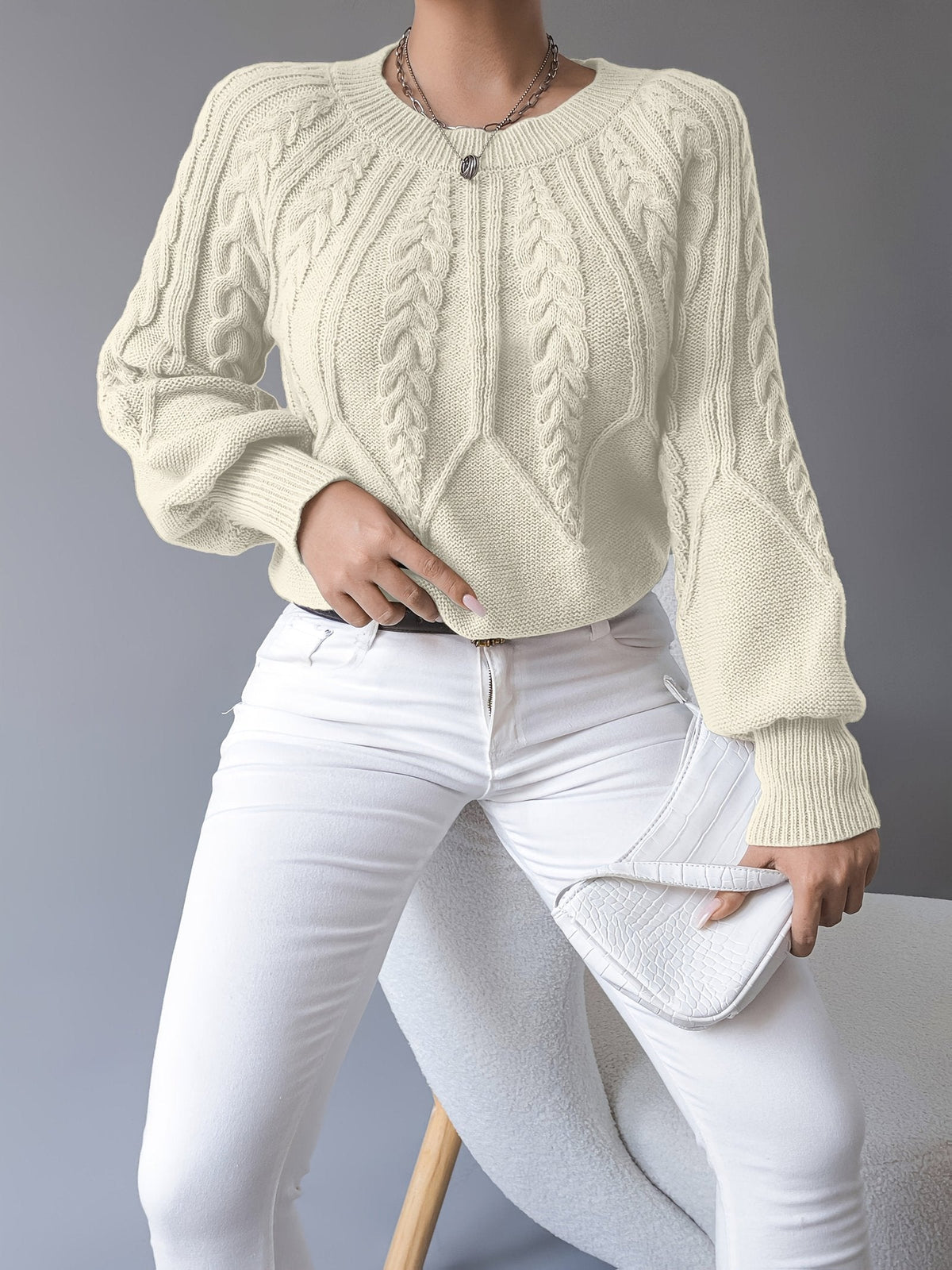 LANTERN SLEEVE CABLE KNIT SWEATER FOR WOMEN