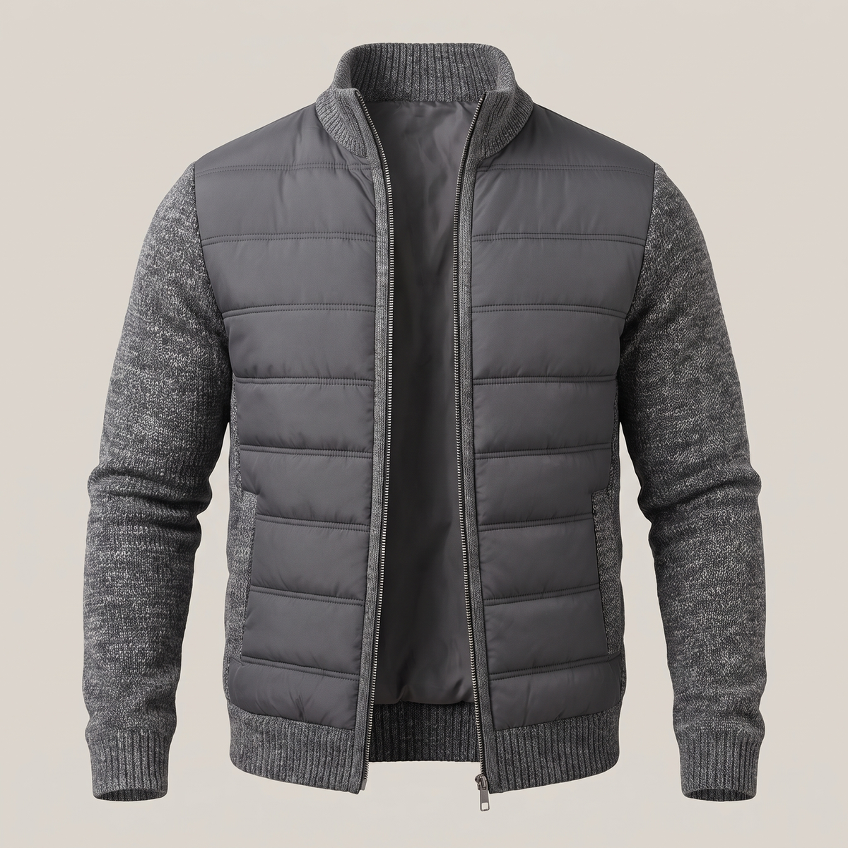 TEXTURED KNIT SLEEVE PUFFER JACKET FOR MEN