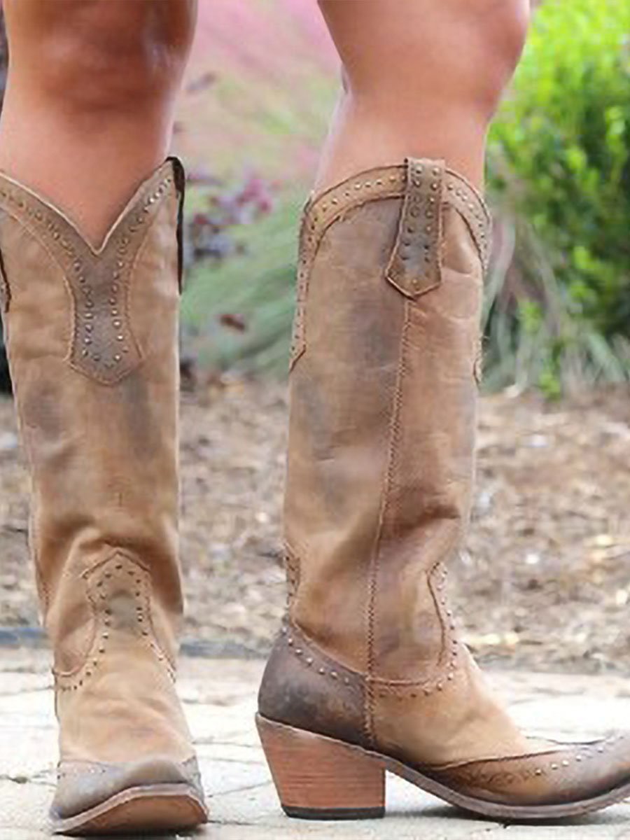 STUDDED KNEE-HIGH COWBOY BOOTS FOR WOMEN