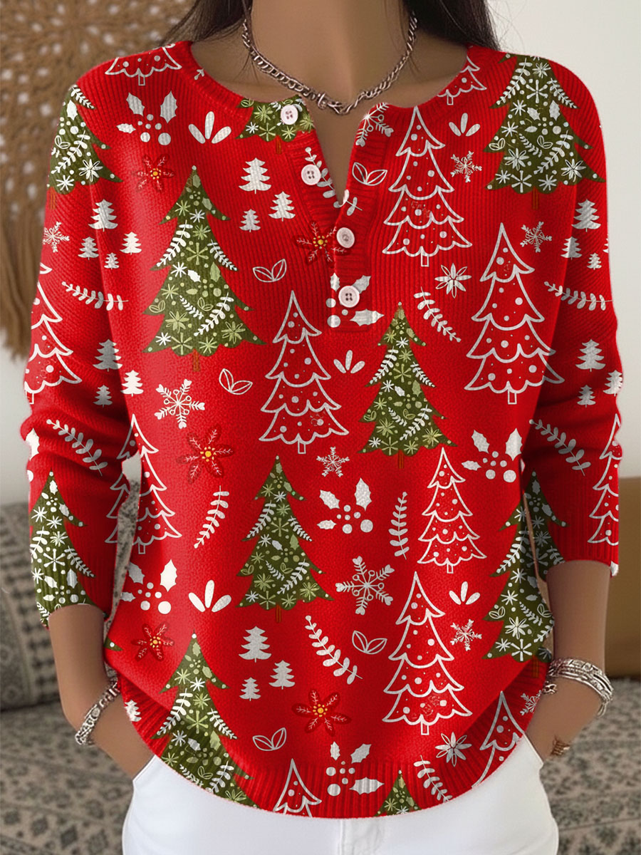 BUTTONED COLLAR CHRISTMAS SWEATER FOR WOMEN