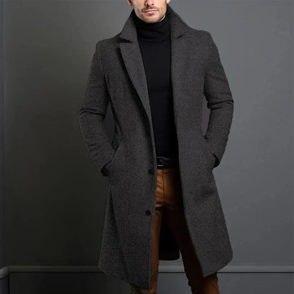 NOTCHED LAPEL LONG OVERCOAT FOR MEN
