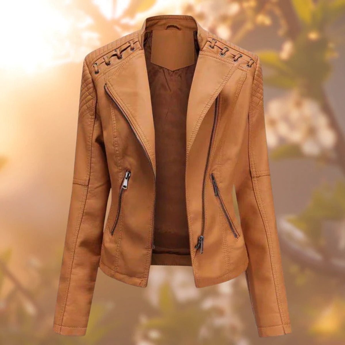 STAND COLLAR FAUX LEATHER JACKET FOR WOMEN